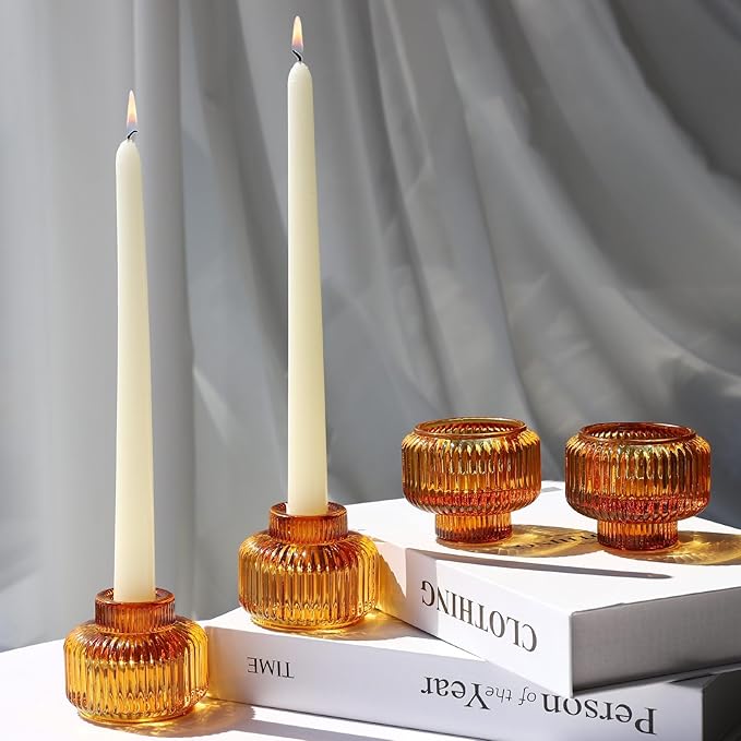Woho Candlestick Holders Set of 4, Amber Votive Candle Holders for Fall Wedding Table Centerpiece, Ribbed Glass Taper Candle Holders for Dinner Party Halloween Thanksgiving Decor