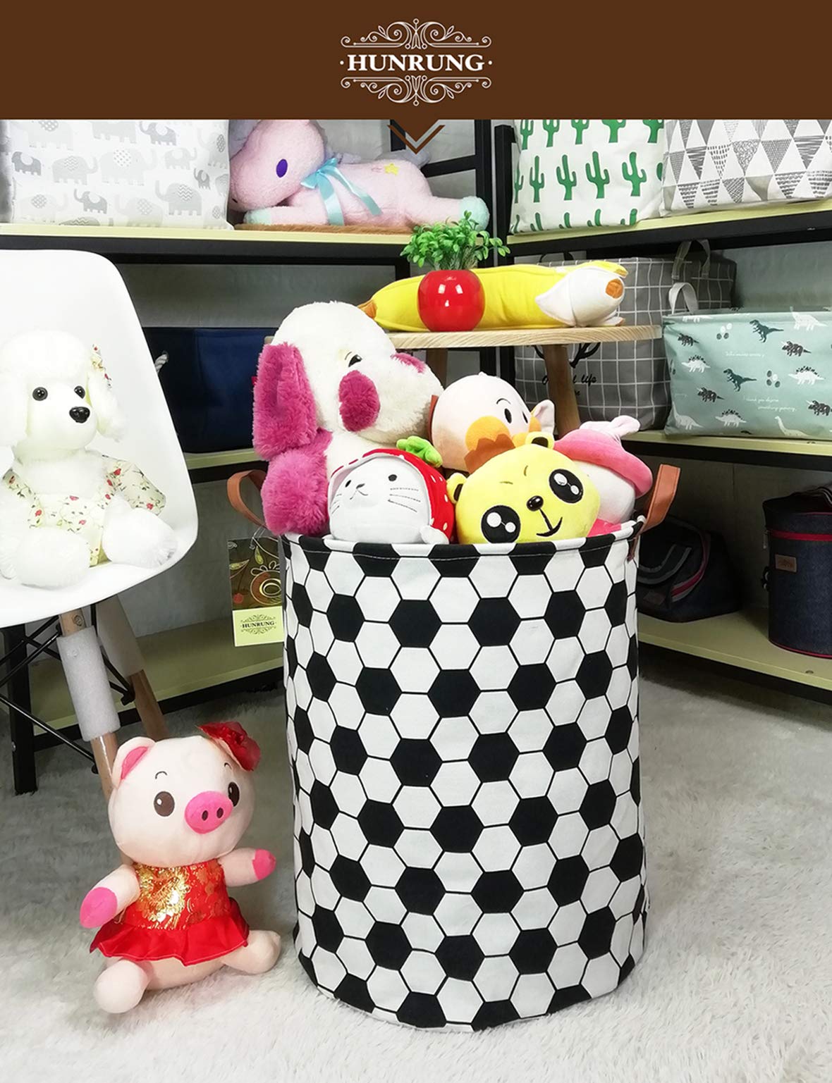 HUNRUNG Collapsible Fabric Storage Basket, Waterproof Laundry Hamper with Handles, Round Storage Bin for Clothes Toys, Foldable Organizer for Bedroom Nursery Bathroom(Roud-Football)