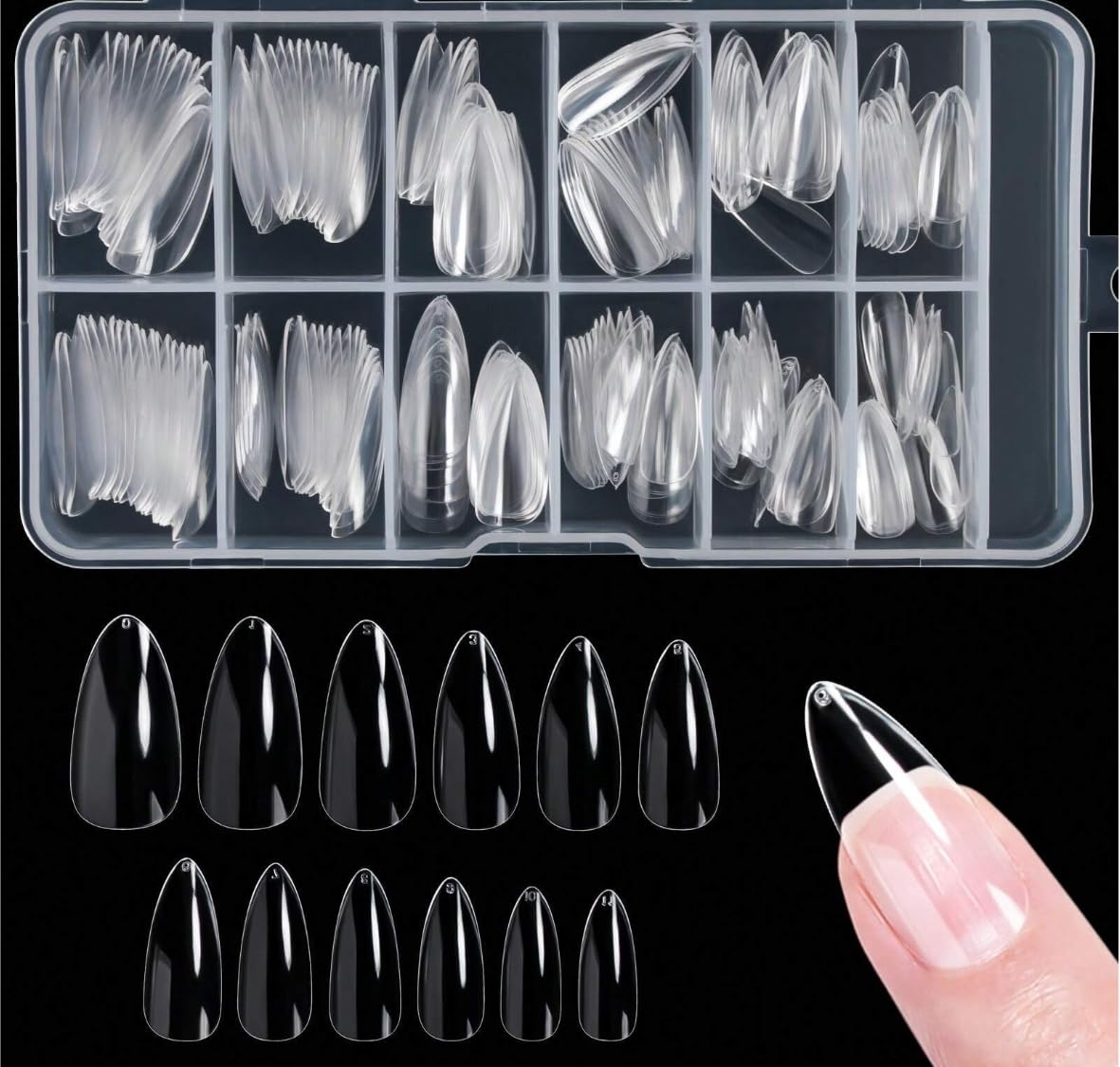 Professional Almond Nail Tips Set, 240 Pieces Clear Press-On Extensions, 12 Sizes