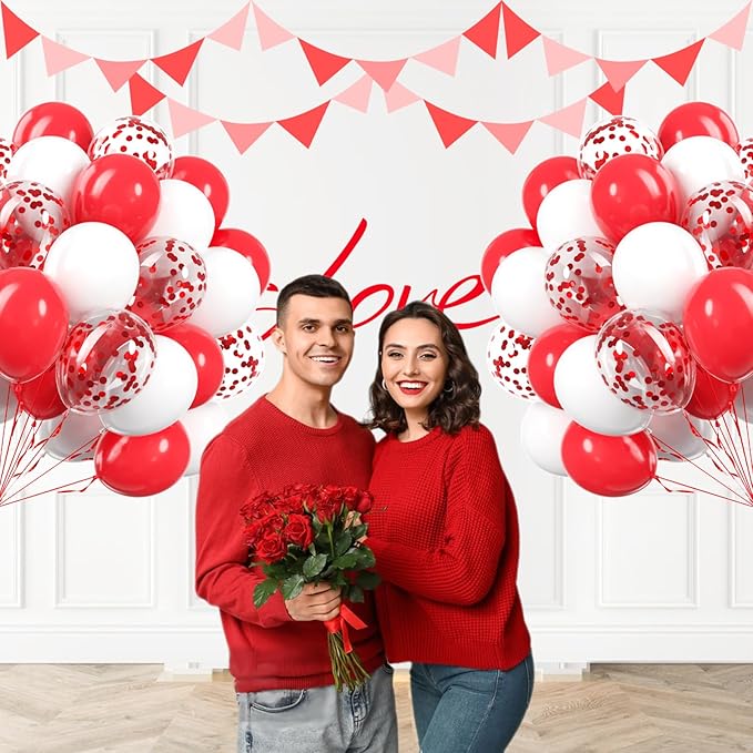 60pcs Red and White Balloons 12inch with White Red Confetti Balloons for Wedding Engagement Christmas Valentine's Day Birthday Party Decorations