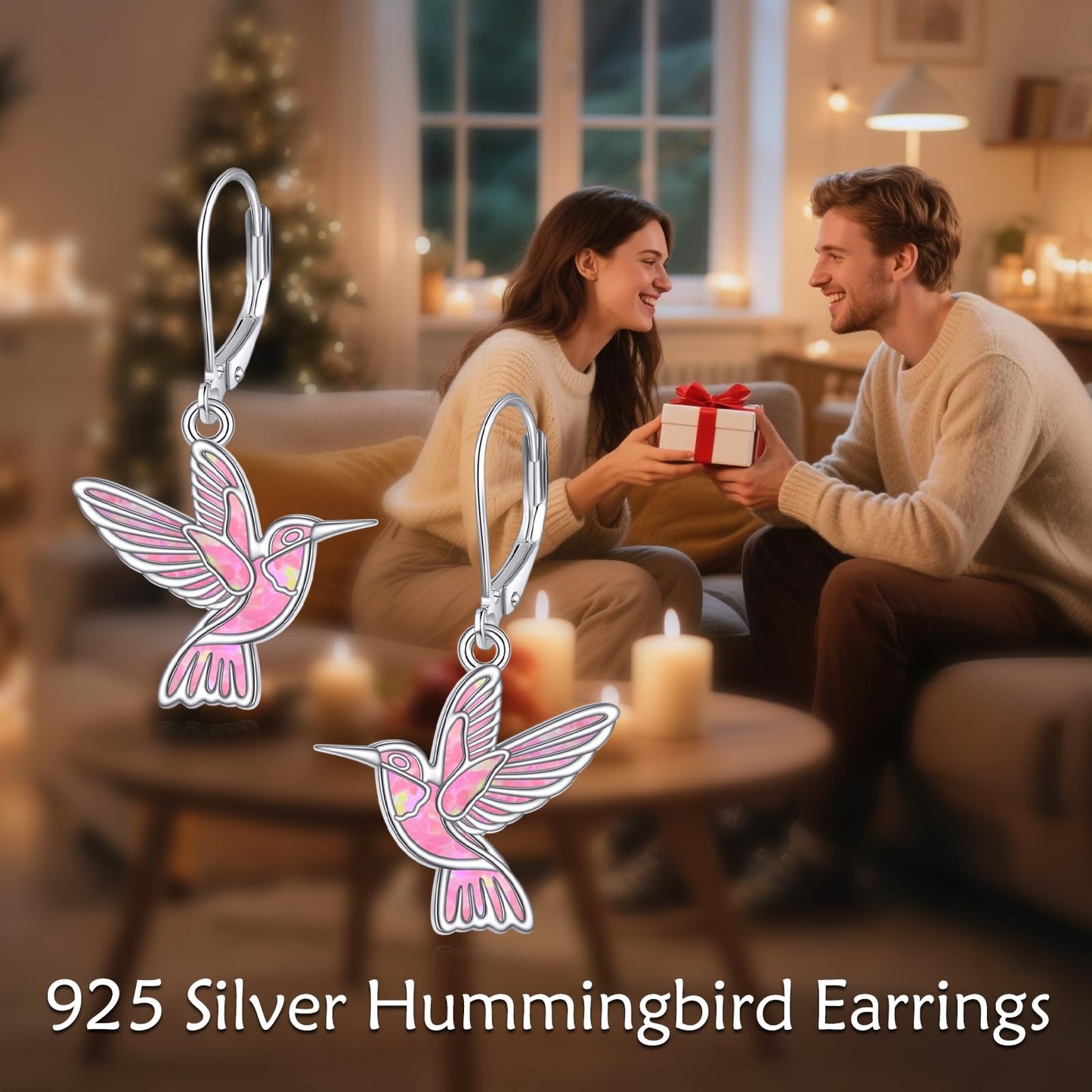 Hummingbird Dangle Earrings 925 Sterling Silver Bird Earrings for Women Bird Earrings (Pink Opal Hummingbird Earrings)