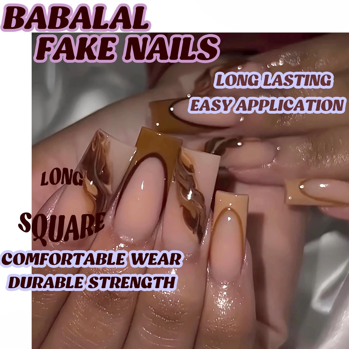 BABALAL Brown Press on Nails - Long Square Fake Nails, Ombre French Tip Fall Acrylic, 24Pcs Squoval Glossy Full Cover False Nails