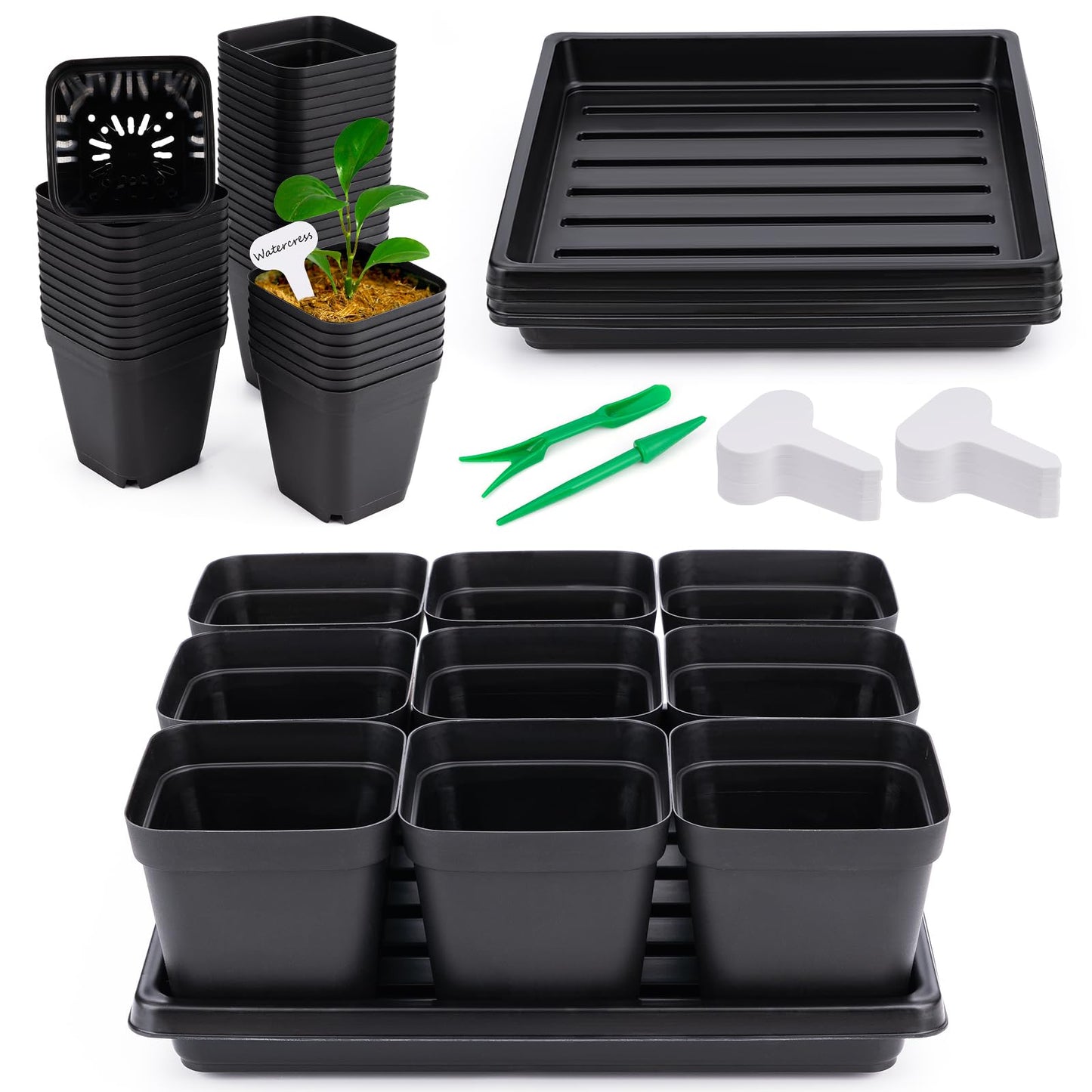 Seed Starter Tray Kit 3.5" 50 Pcs Square Nursery Pots Trays 9 Cell Seed Starting Pots with Drainage Holes 5 Pcs Seed Starting Trays 20 Plant Labels Planting Tool and 1 Pen Planter Nursery Propagation