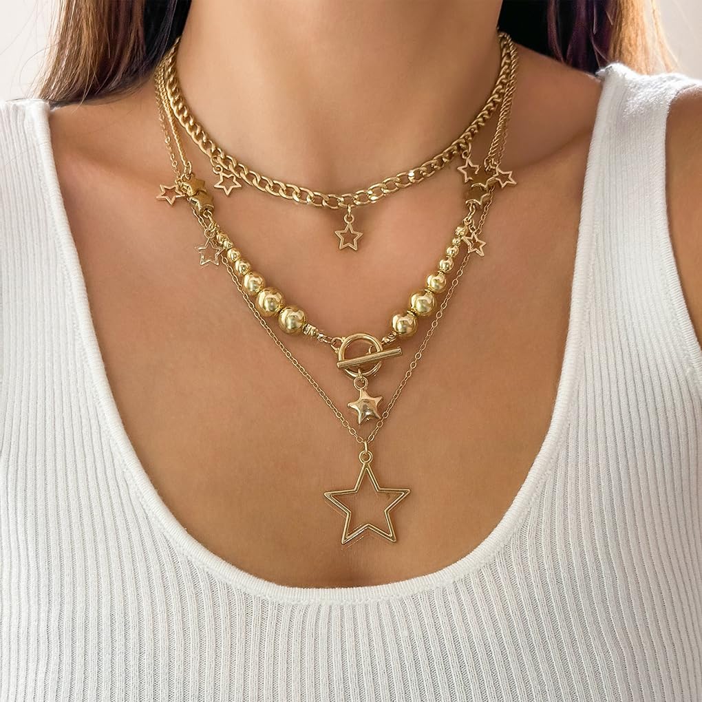 Layered Silver Y2k Star Pendant Necklaces Set for Women Stackable Stars Pearls Choker Necklace Adjustable Toggle Chain Necklaces Jewelry Accessories