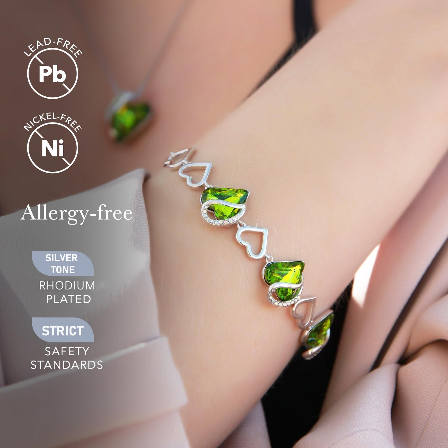 Leafael Infinity Love Heart Gift Bracelet for Women, August Birthstone Crystal, Peridot Green, Silver Tone, 7-inch Chain and 2-inch Extender