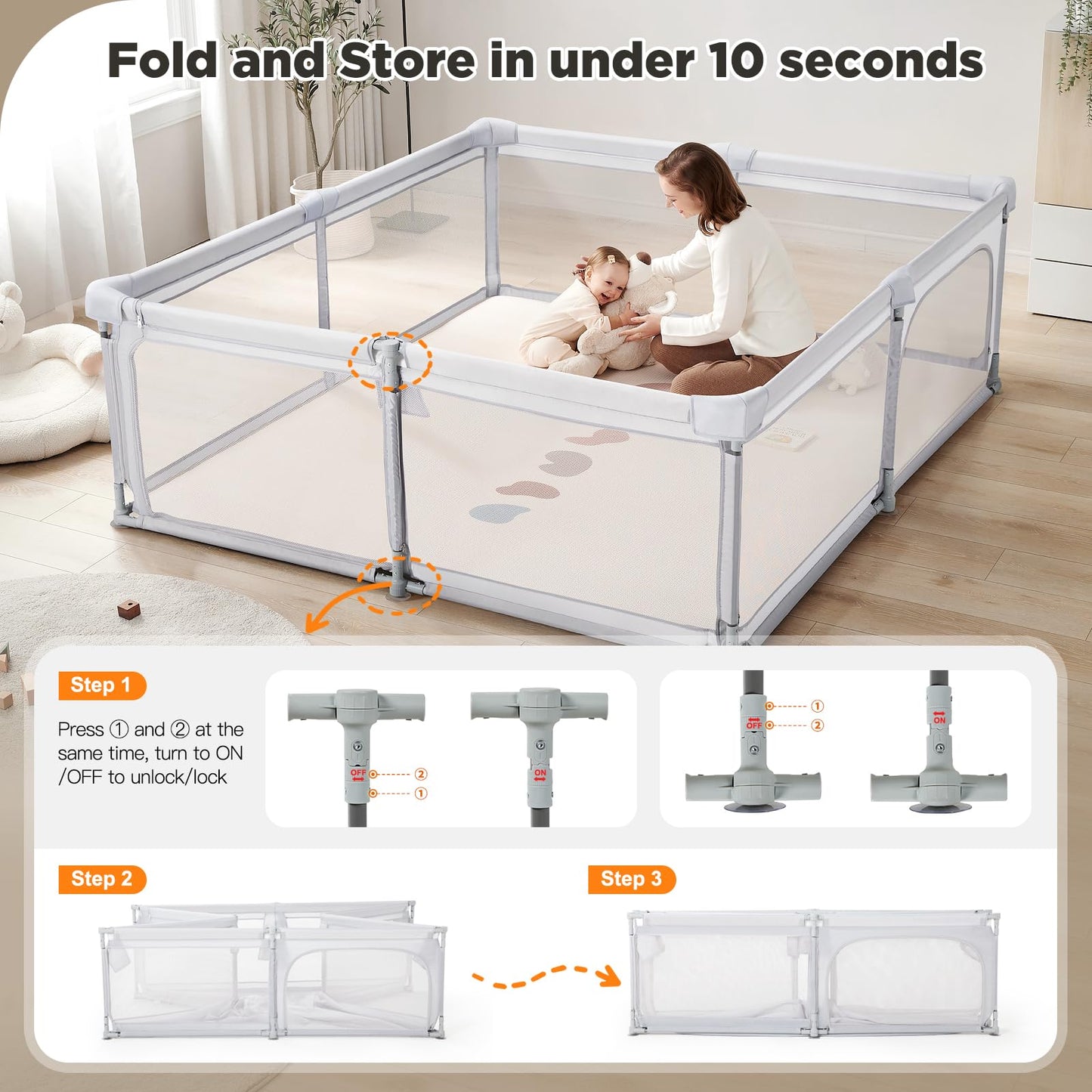 Baby Playpen,79"x59" Foldable Playpen for Babies and Toddlers with Gate,Large Play Pen with Zipper Door,Baby Play Pen Play Area(Light Grey)