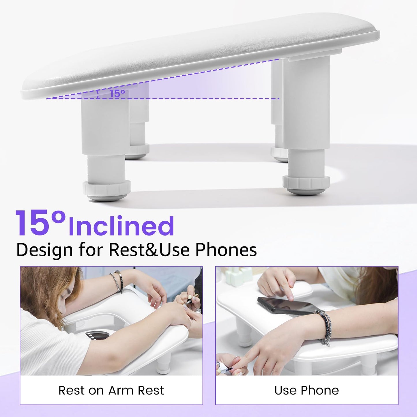 Big Arm Rest for Nails Tech: 2nd Generation U-Shaped Manicure Nail Arm Rest Stand Height Adjustable Armrest Microfiber PU Leather Hand Rest Pillow for Acrylic Nails (White)
