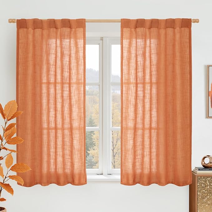 LAMIT 54 Inch Semi Sheer Window Linen Curtains, Light Filtering Panels Back Tab and Rod Pocket Country Decor Drapes for Bedroom/Farmhouse, Burnt Orange, 2 Panels, 34 x 54 Inch
