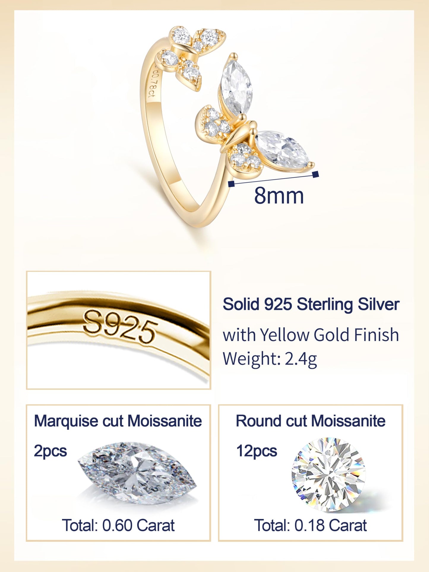 CYW Moissanite Butterfly Gold Ring 925 Sterling Silver Adjustable Womens Stacking Open Rings Size 9