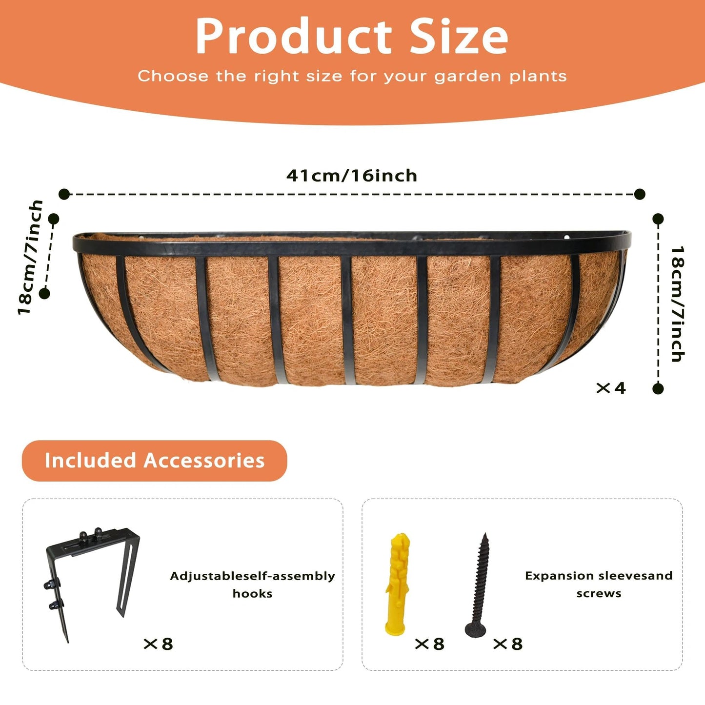 ZVOWOS 4 Pack 16" Railing Planter Window Box with Coco Fiber Liner Horse Trough Planter The Railing Planters Boxes for Deck Porch Fence Outdoor