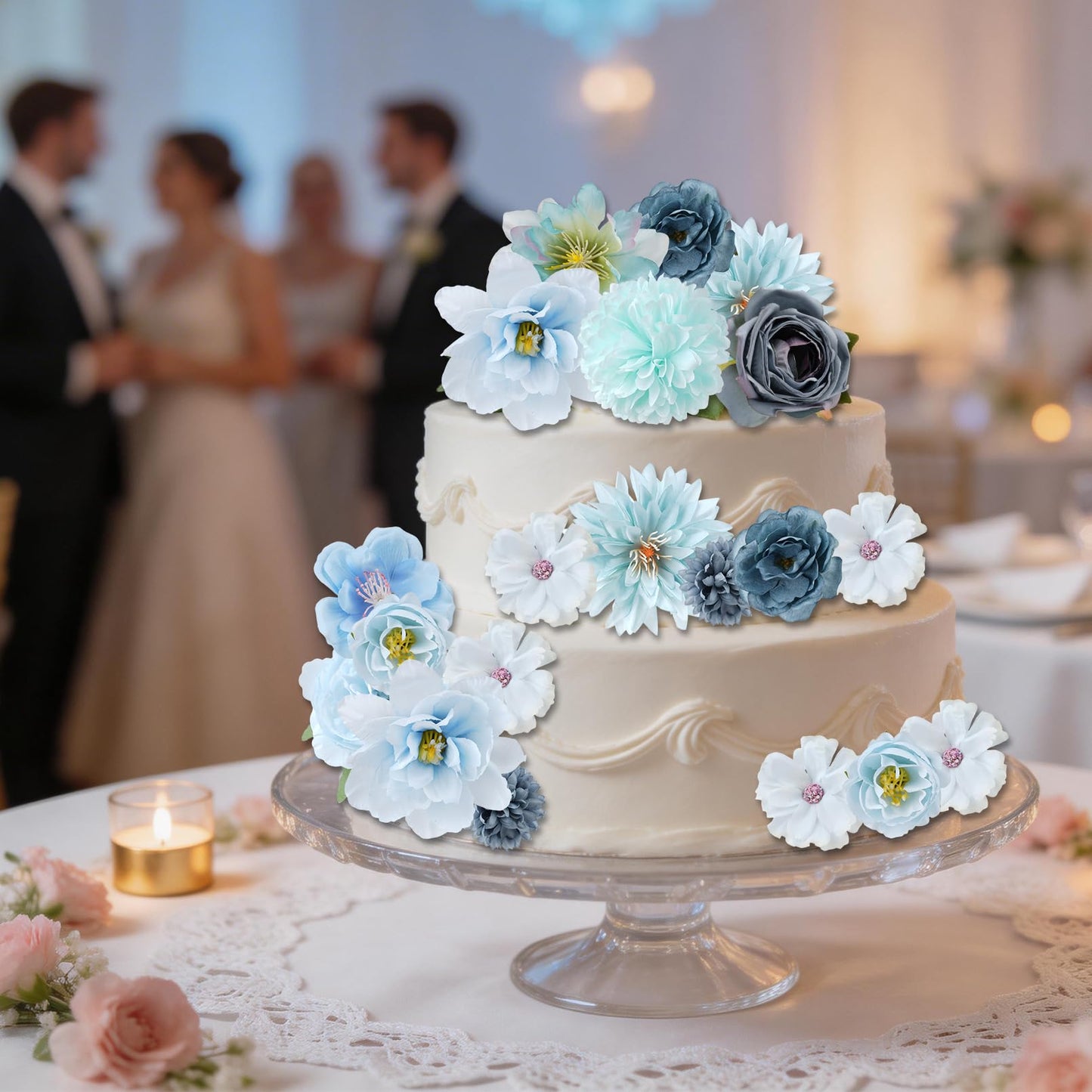 Haakong 27 Pcs Small Silk Artificial Faux Flowers for DIY Craft Supplies for Wedding Party Graduation Home Decor (Blue)