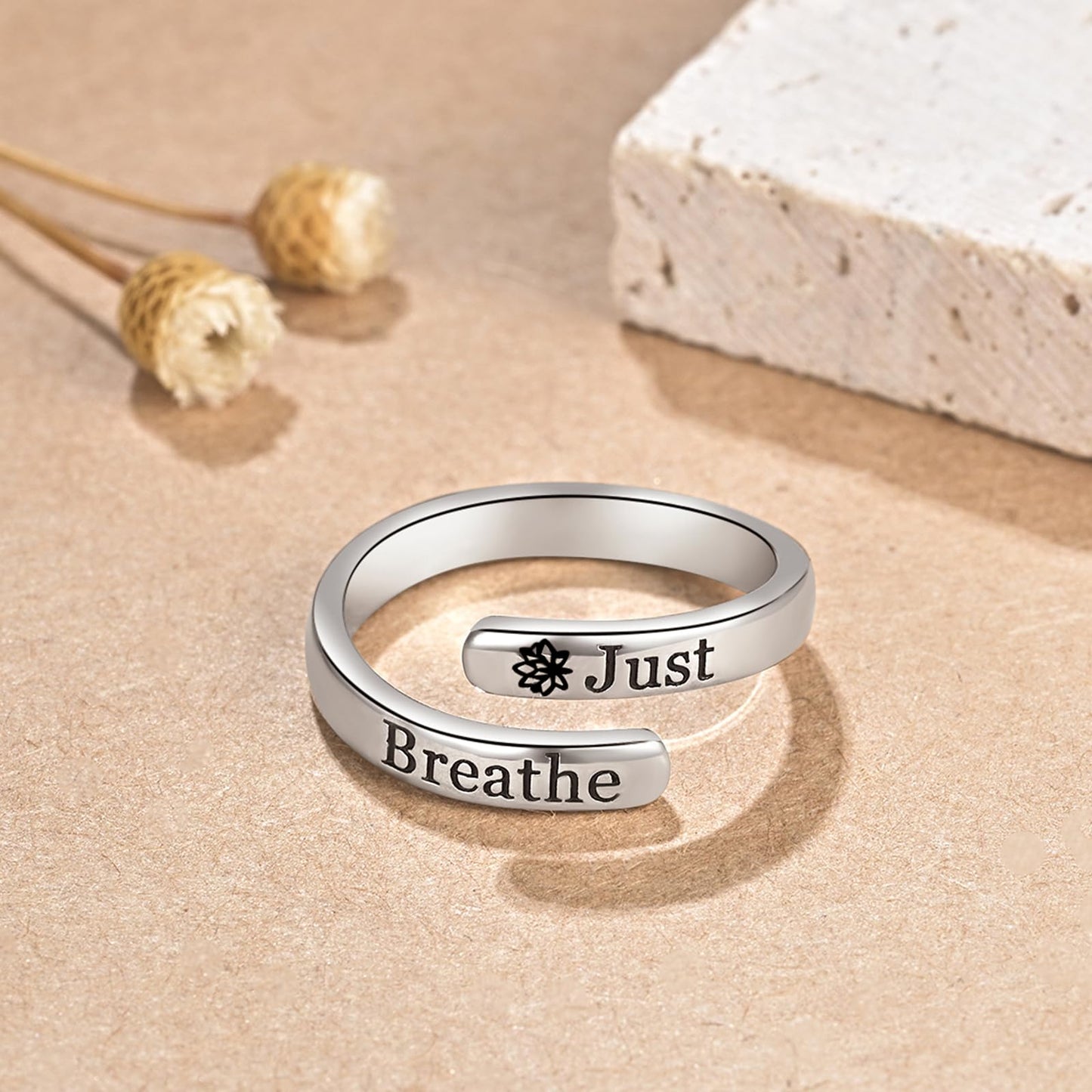 Silver Adjustable Ring Inspirational Jewelry S925 Sterling Wrap Open Ring for Women (Just Breathe)