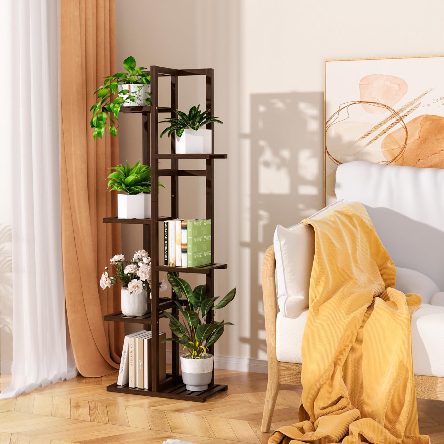 ROMGUAR CRAFT 6 Tier Bamboo Plant Stand Indoor, Wood Tall Flower Holder Corner Tiered Plant Shelf for Multiple Plants (Brown)