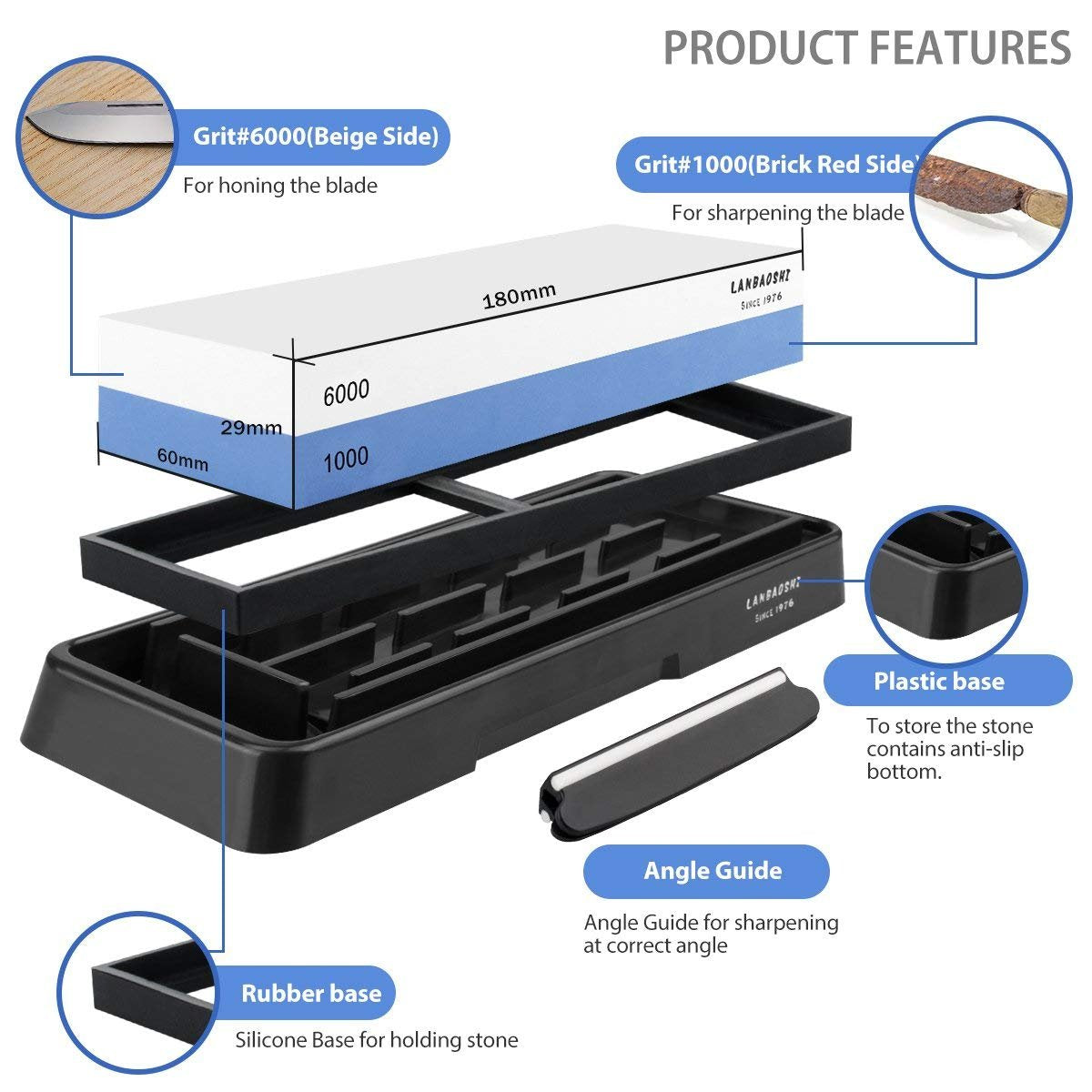 Knife Sharpening Stone Set,Whetstone Dual Sided 1000/6000 Grit Waterstone with Angle Guide Non Slip Rubber Base Holder, Knife Sharpeners Tool Kit for Kitchen Hunting (Blue + black)