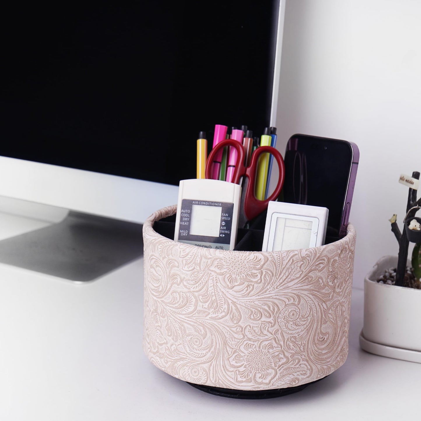 lizimandu Round Leather Art Supply Organizer,Remote Control Holder,360 Degree Spinning,Multi-Functional Pencil Holder,4 Compartments Desktop Stationary Organizer(1-Carved White)