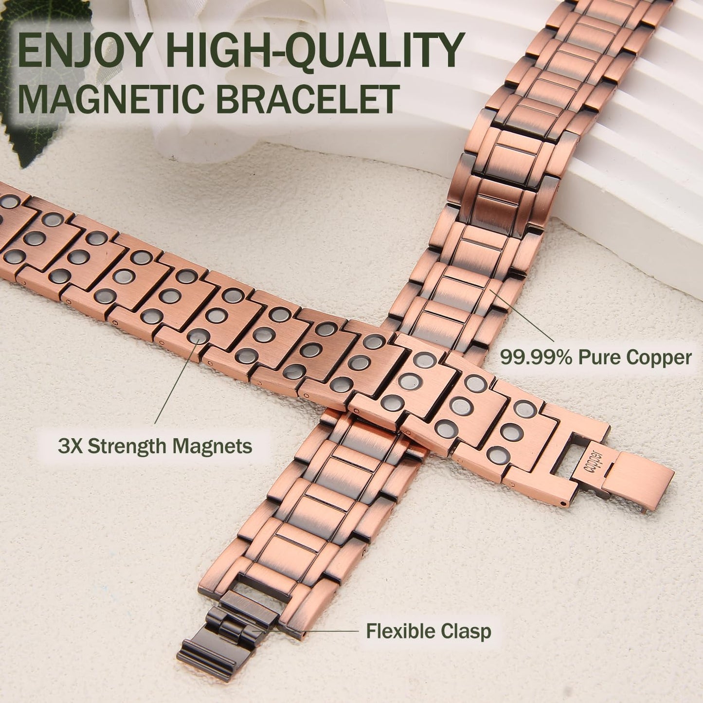 MagEnergy Copper Bracelet for Men, 3-Row Magnet Design, Ultra Strength Magnetic Bracelet 99.99% Pure Copper Wristband Adjustable Jewelry Gift with Sizing Tool