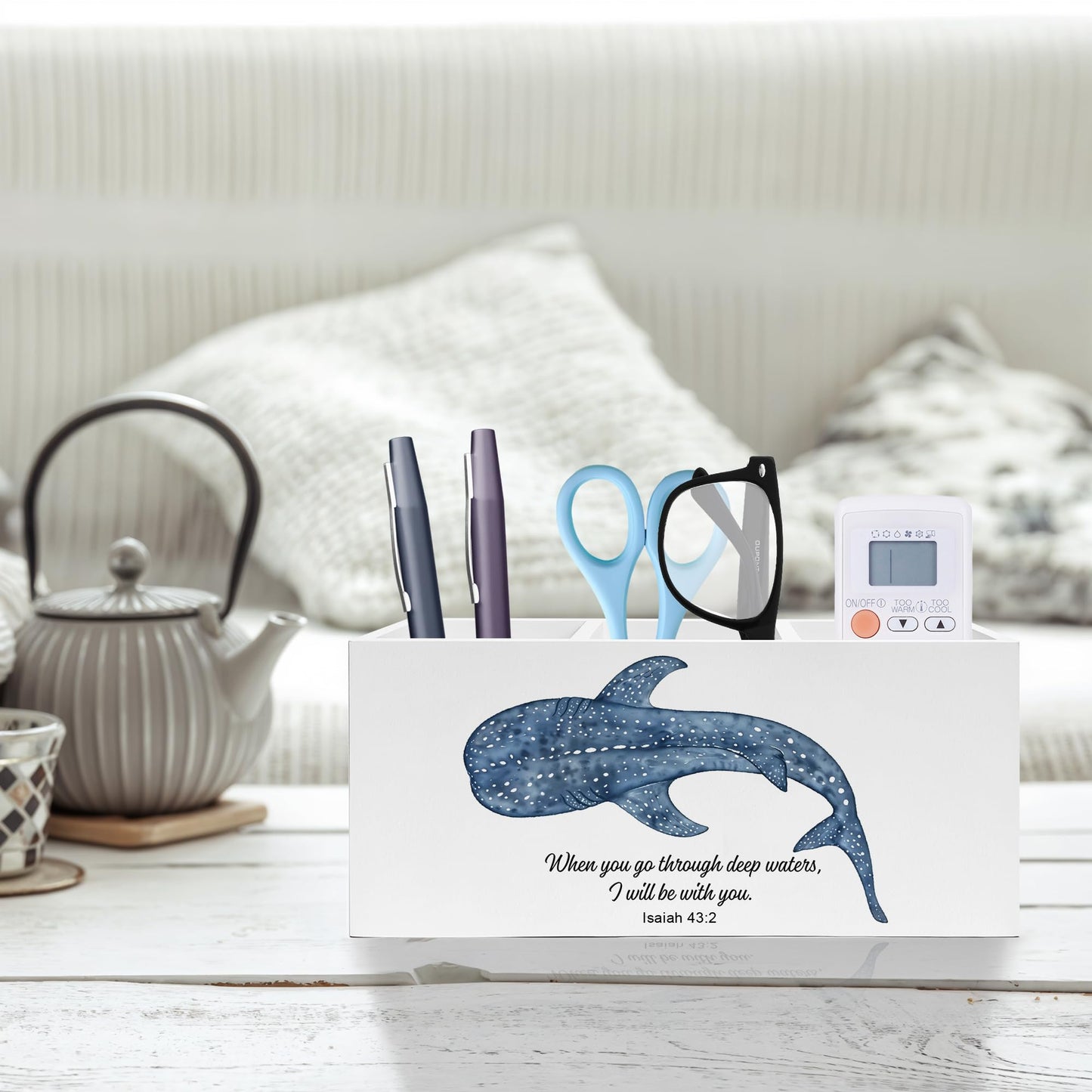 Exqcom Whale Shark Bible Verses Pen Pencil Holder, Inspirational Christian Desk Decor, When You Go Through Deep Waters Scripture Pencil Pen Holder Organizer for Home Office Desk Accessories
