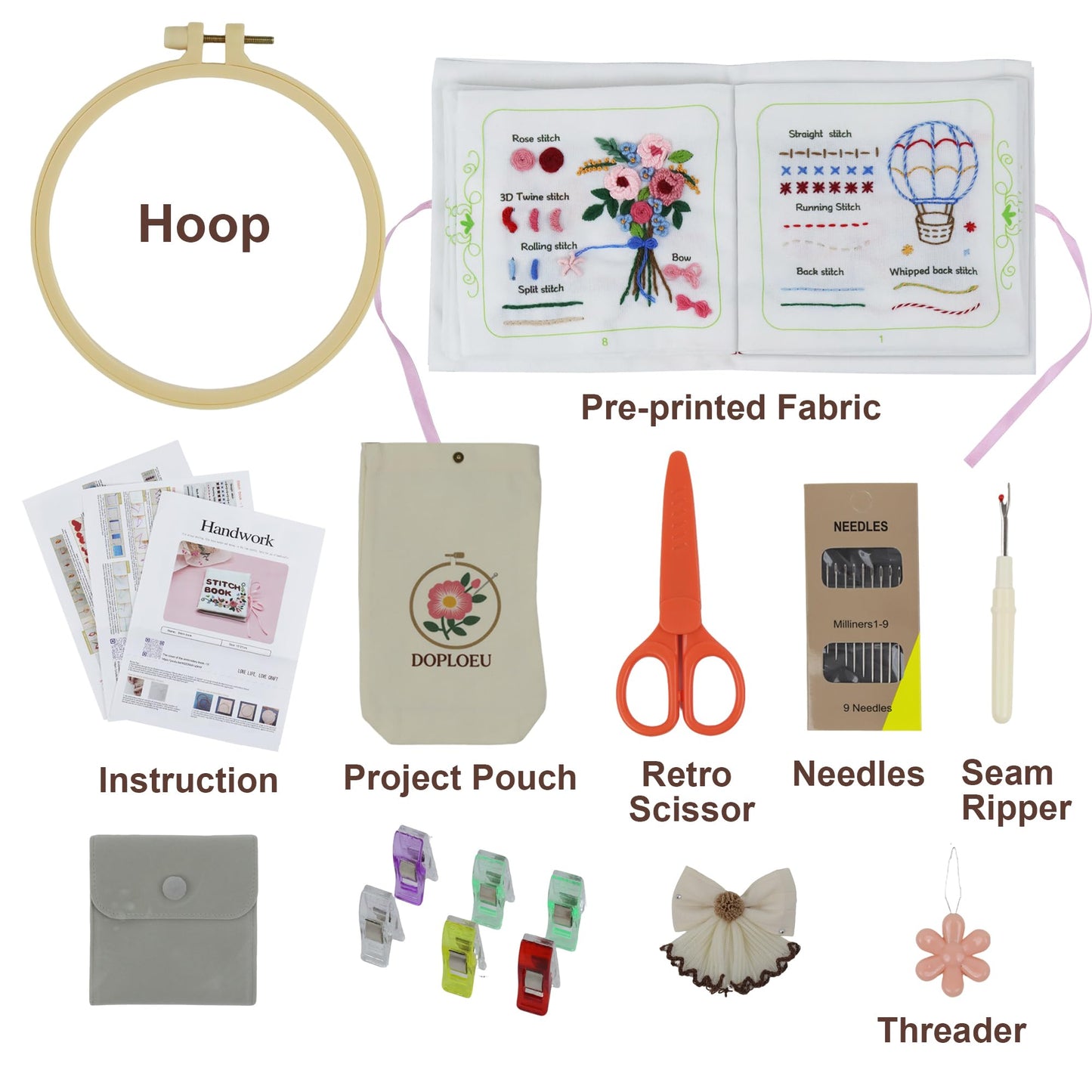 Embroidery Stitch Book Kit for Beginners & Adults,33 Essential Stitches Practice Samplers,6.29 inch Hoop, Floss & Needles, Step-by-Step Guide and Video Tutorials, DIY Needlework Gift