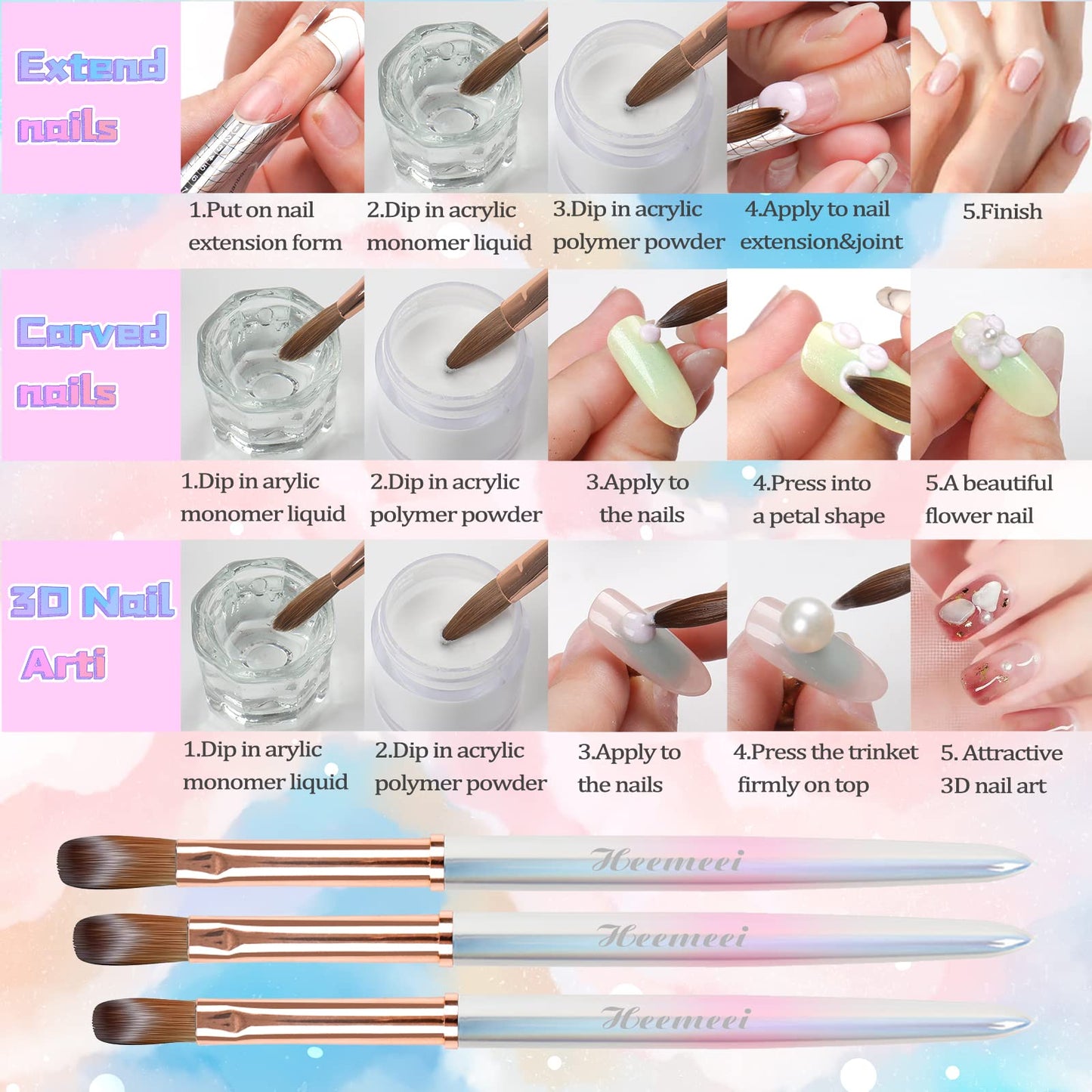heemeei Acrylic Nail Brush Size 10, 100% Pure Kolinsky Nail Art Brush, Sturdy Handle Acrylic Powder Design Tools for Professional Manicure DIY Home Salon (10#)