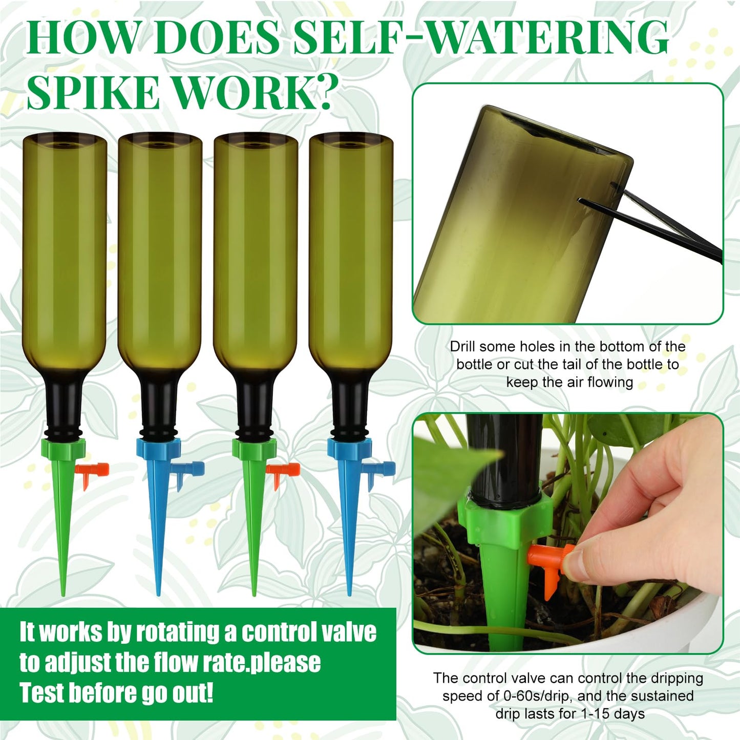 SiliFine 8 Set Plant Watering Devices with Self Watering Spikes and 26 oz Plastic Bottles Plant Waterer Devices with Adjustable Control Valve Switch Indoor Outdoor (Green)