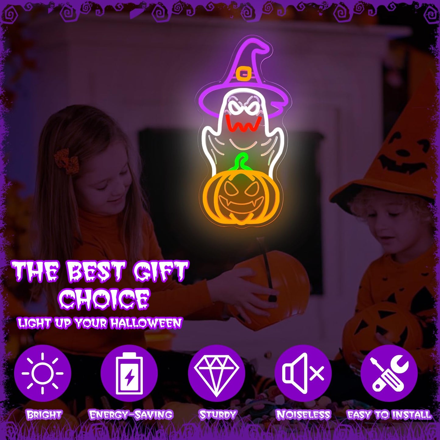 hhuohuona Halloween Neon Sign Dimmable Ghost Led Sign Halloween Ghosts With Witch Hat Neon Lights Jack-O'-Lantern Light Up Sign Spooky Boo Window Lights