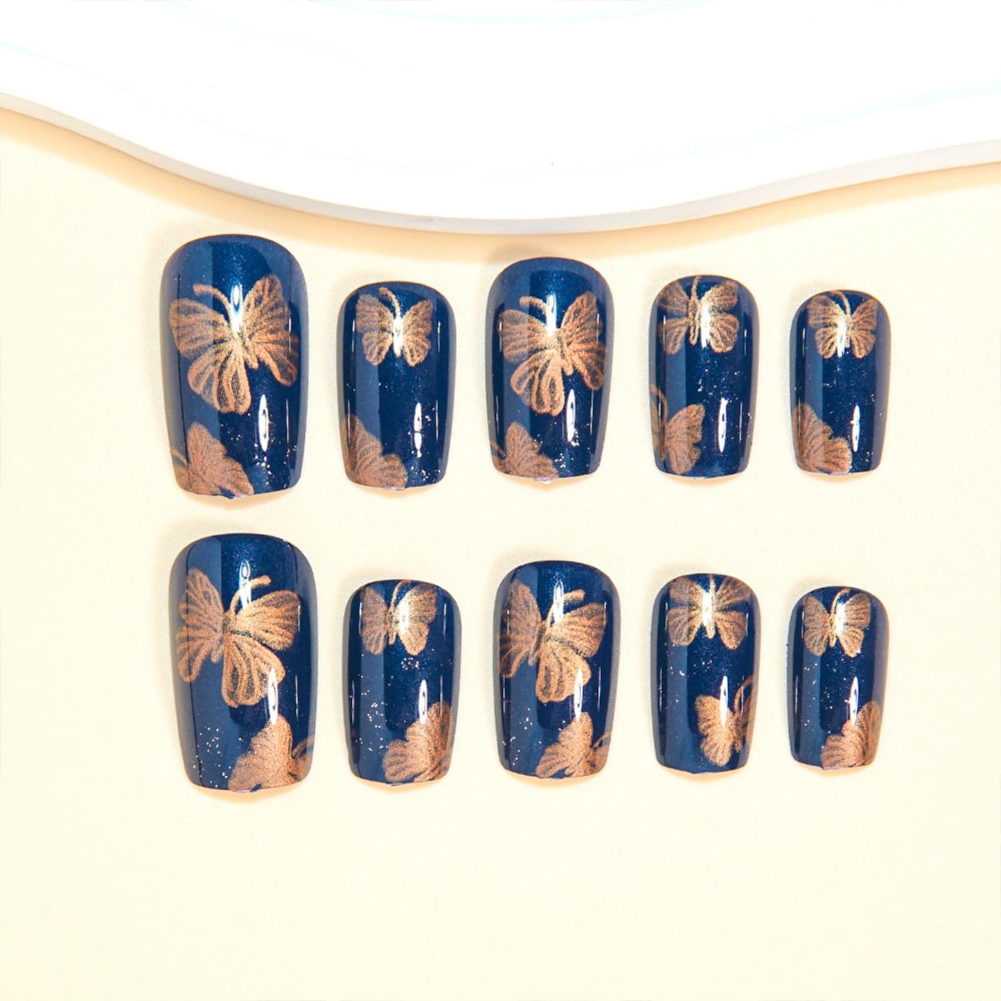 Vopintpy Gold Butterfly Press on Nails Medium Square Fake Nails with Design Glossy Acrylic Glue on Nail Reusable Full Cover Artificial Stick on Nail for Women DIY Manicure