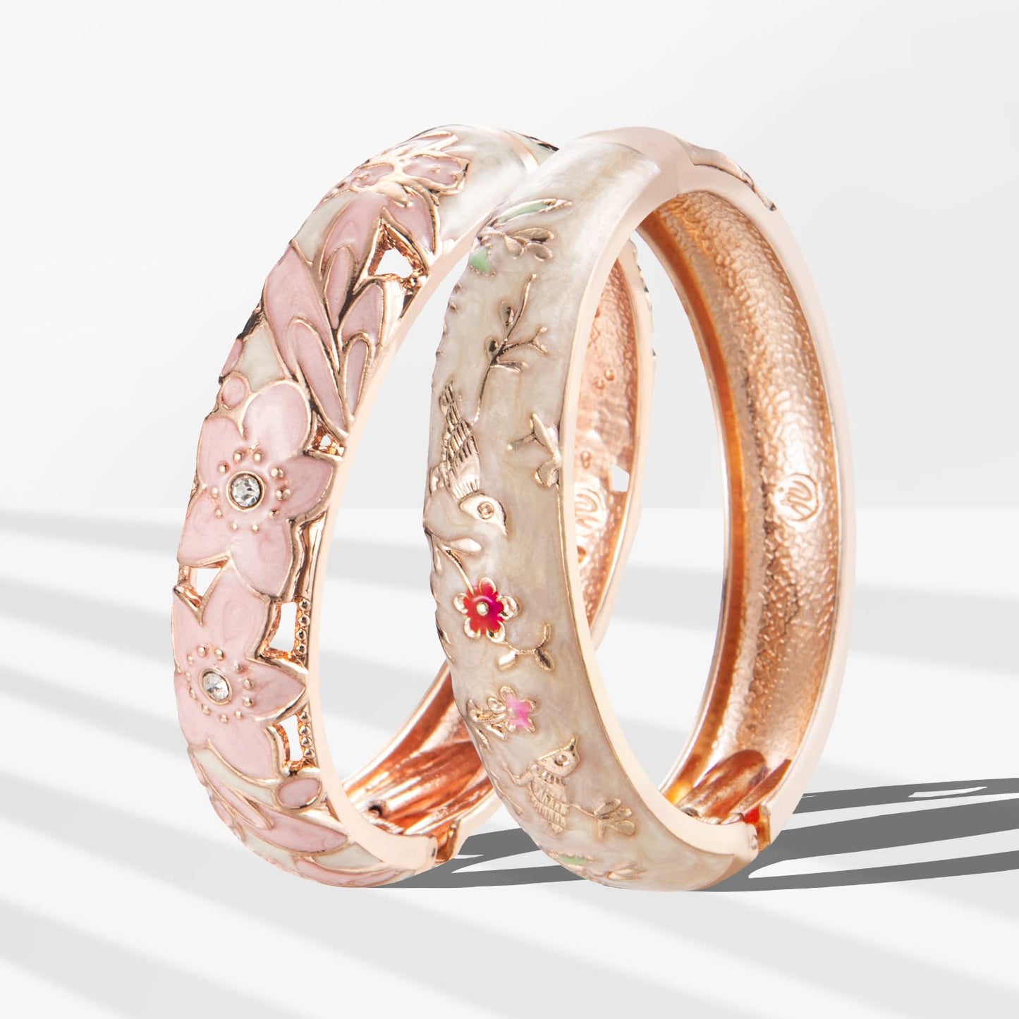 UJOY Colors Handcraft Jewelry Cloisonne Bracelet Enamel Hollowed Flower Bird Spring Hinged Womens Bangles Gifts Box 88A11-55C49 Cream Pink