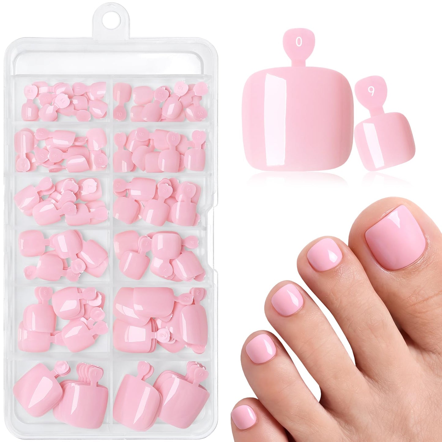 120pcs Light Pink Press on Toenails for Women,Short Square Fake Toe Nails,12 Sizes False Toenails with Nail Glue and Adhesive Tabs