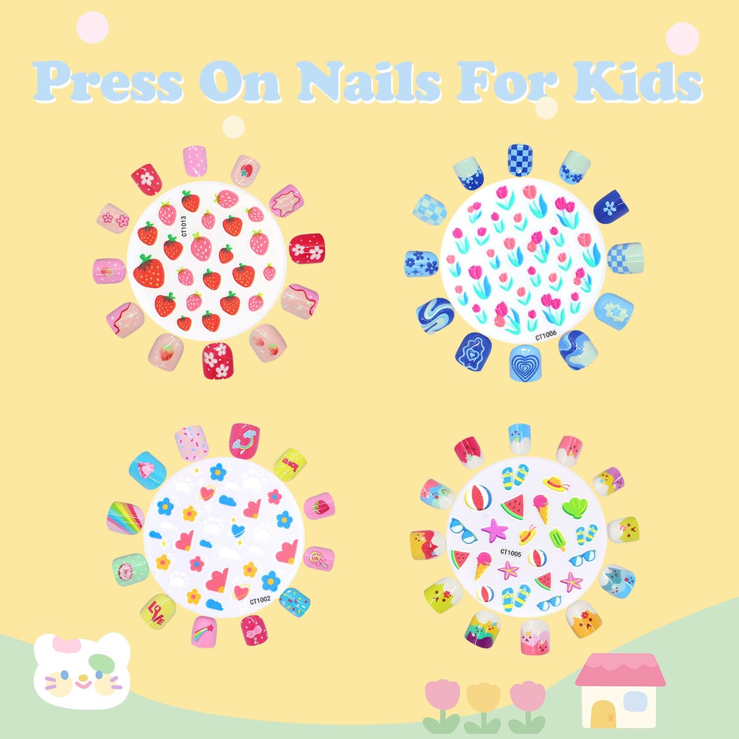 Press on Nails for Kids 3-6,With Cute DIY Stickers,4 Pack 48Pcs Little Girls Sparkling Princess Nails,Cute Pattern Rainbow Series