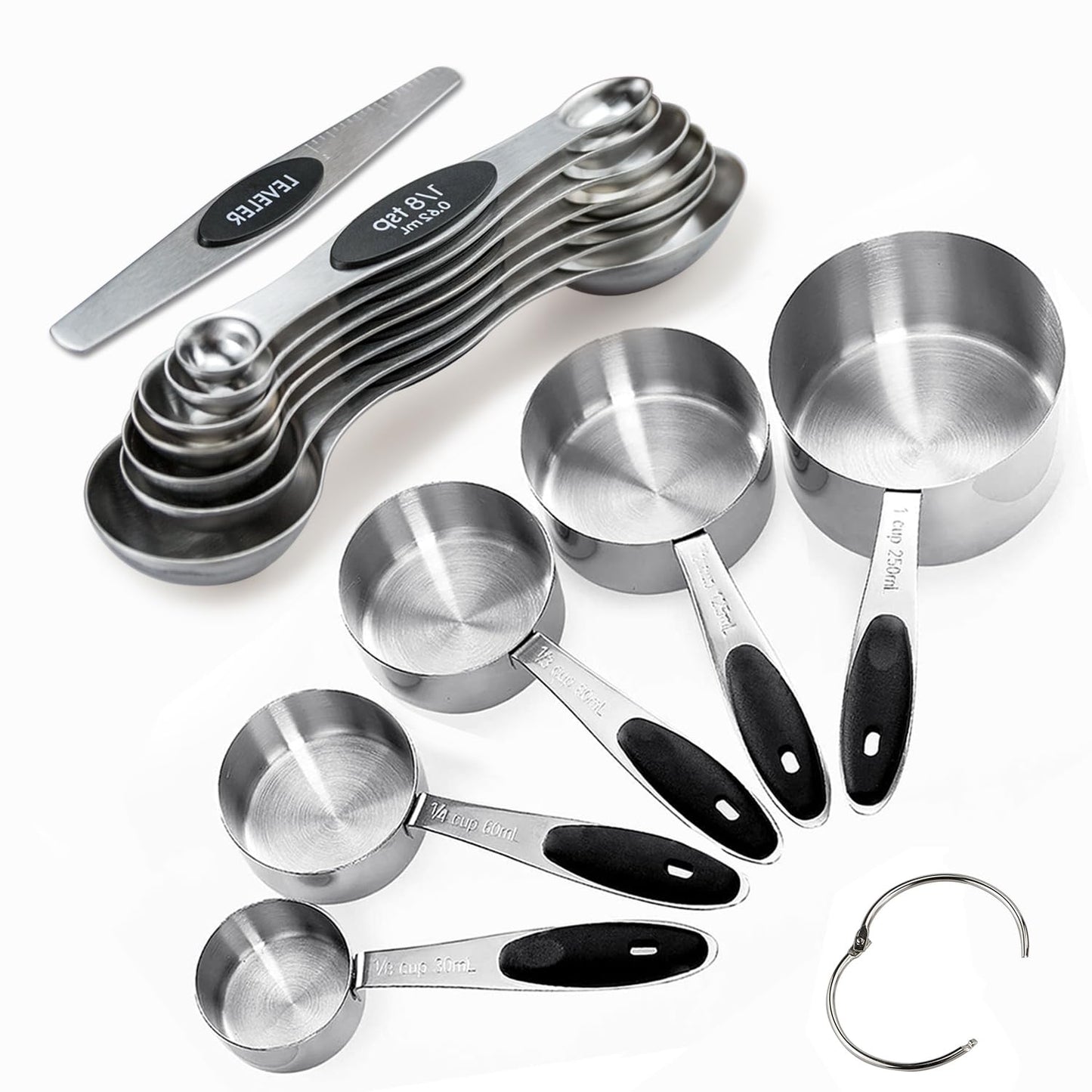 Measuring Cup and Magnetic Measuring Spoons Set, 5 Stainless Steel Nesting Measuring Cup & 7 Double Sided Stackable Magnetic Measuring Spoons & 1 Leveler, for Cooking Dry and Liquid Ingredient