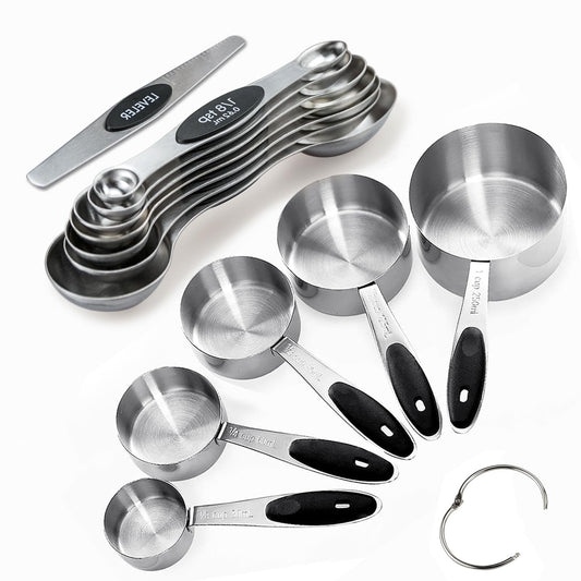 Measuring Cup and Magnetic Measuring Spoons Set, 5 Stainless Steel Nesting Measuring Cup & 7 Double Sided Stackable Magnetic Measuring Spoons & 1 Leveler, for Cooking Dry and Liquid Ingredient