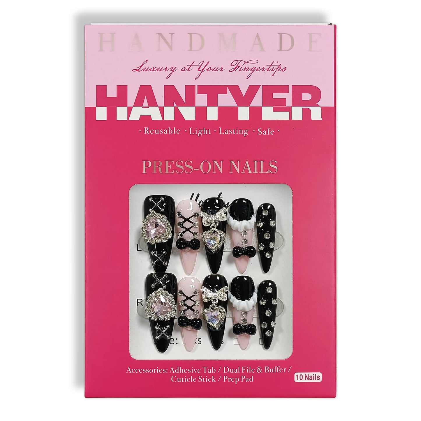 Hantyer Gothic Punk Press on Nails, Long Stiletto Matte Black & Pink Nails, Silver Gothic Charms, Pink Rhinestones & 3D Art, Salon Nails Reusable & Easy Apply for Parties & Night Events (Size M)