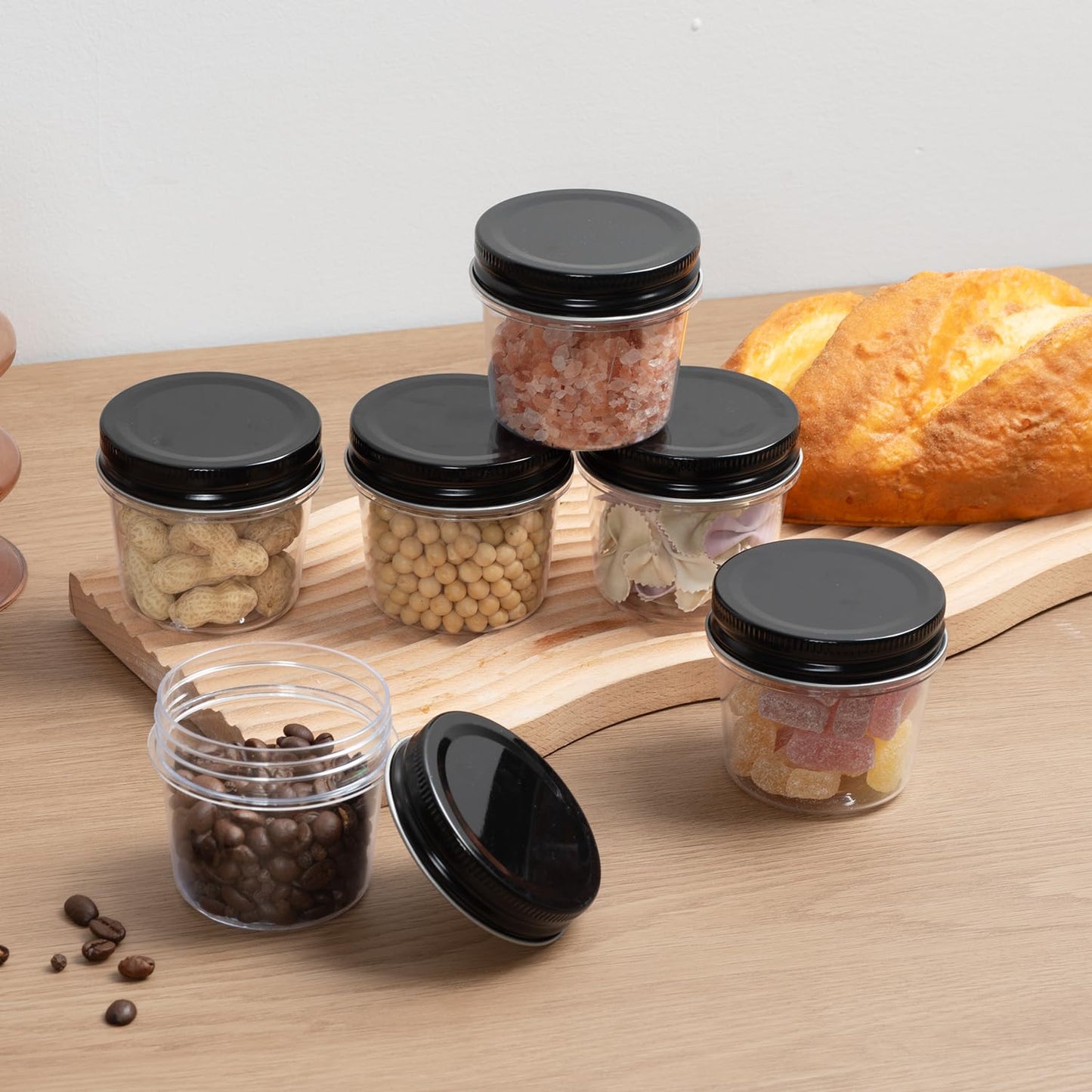 novelinks 4 oz Plastic Mason Jars with Lids, 20 Pack Small Containers with Lids 4oz, Slime Containers & Cake Jars & Small Spice Jars for Kitchen Organization (20 Pack,Black)