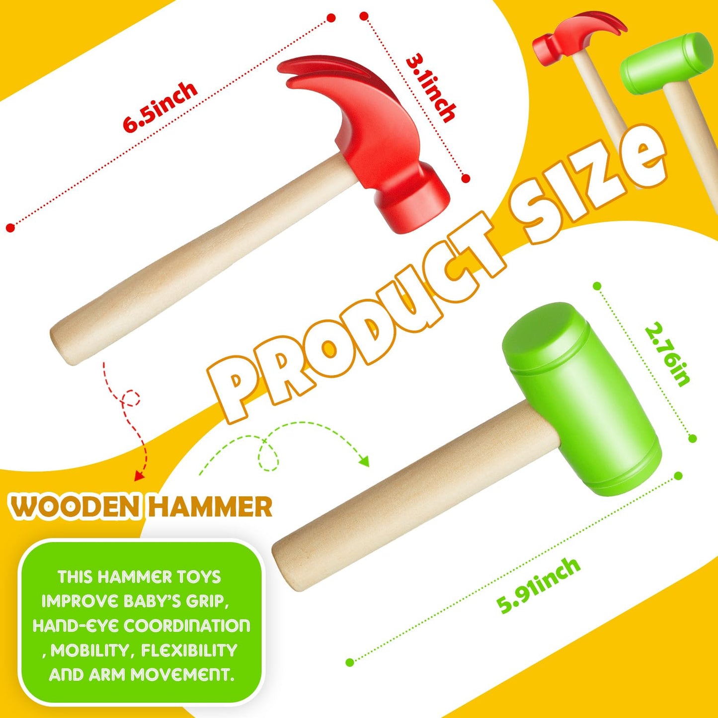 Wovnet 1 Pcs Kids Measuring Tape Toy and 2 Pcs Hammer Simulation Wooden Plastic Mallet Toy for Kids Toddler Back to School Educational Learning