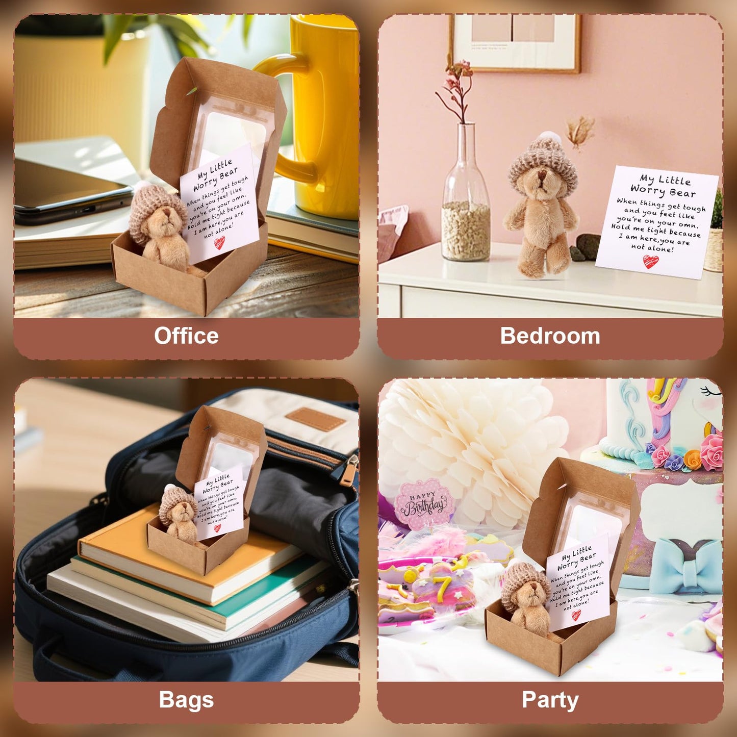 TOYMIS 1 Set Mini Plush Worry Bear with A Hat, Handmade Positive Small Plush Bear in A Box with Encouragement Little Card Inspirational Support Easter Egg Toy for Family Friend Coworkers Gift