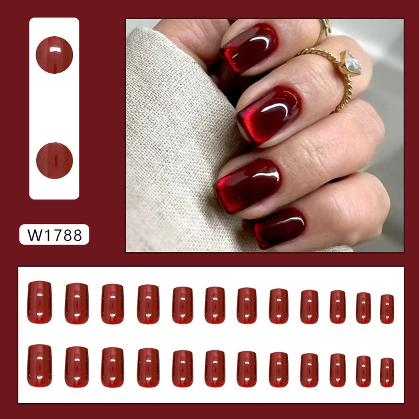 Burgundy Press on Nails Medium Short Fake Nails Solid Color Glue on Nails Red Full Cover Artificial Nails Glossy False Simple Stick on Nails for Women 24 Pcs