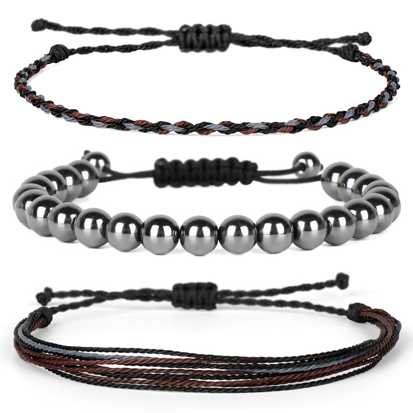 QOGIR Handmade Healing Bracelets,8mm Natural Hematite Gem Stone Beads Bracelet,for Men Women Gifts with 2PCS Size Adjustable Rope Bracelets