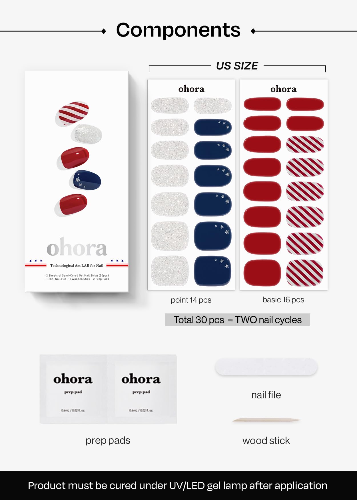 ohora Semi Cured Gel Nail Strips (N State Twilight) - Works with Any Nail Lamps, Salon-Quality, Long Lasting, Easy to Apply & Remove - Includes 2 Prep Pads, Nail File & Wooden Stick