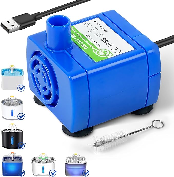 IP68 DR-DC160 submersible water pump Cat Water Fountain Pump for Tritone Ceramic, Stainless Steel, Round Flower Cap Cat Fountains, Automatic Pet Water Dispenser Replacement Pump (No LED)