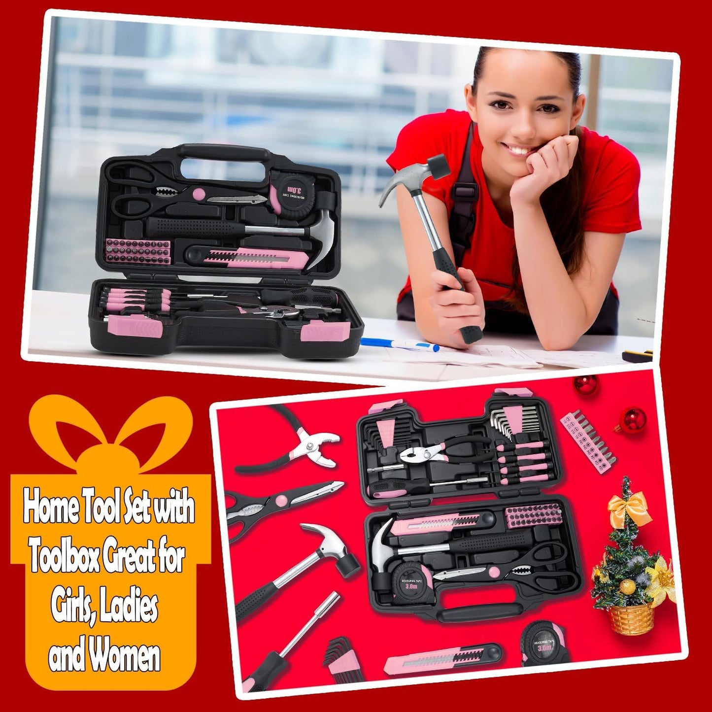 MARTCOLOR 58 Piece Household Tool Set, General Household Hand Tool Kit with Plastic Toolbox Storage Case, All Purpose Household Tool Kit for Women, Girls and Ladies, Pink