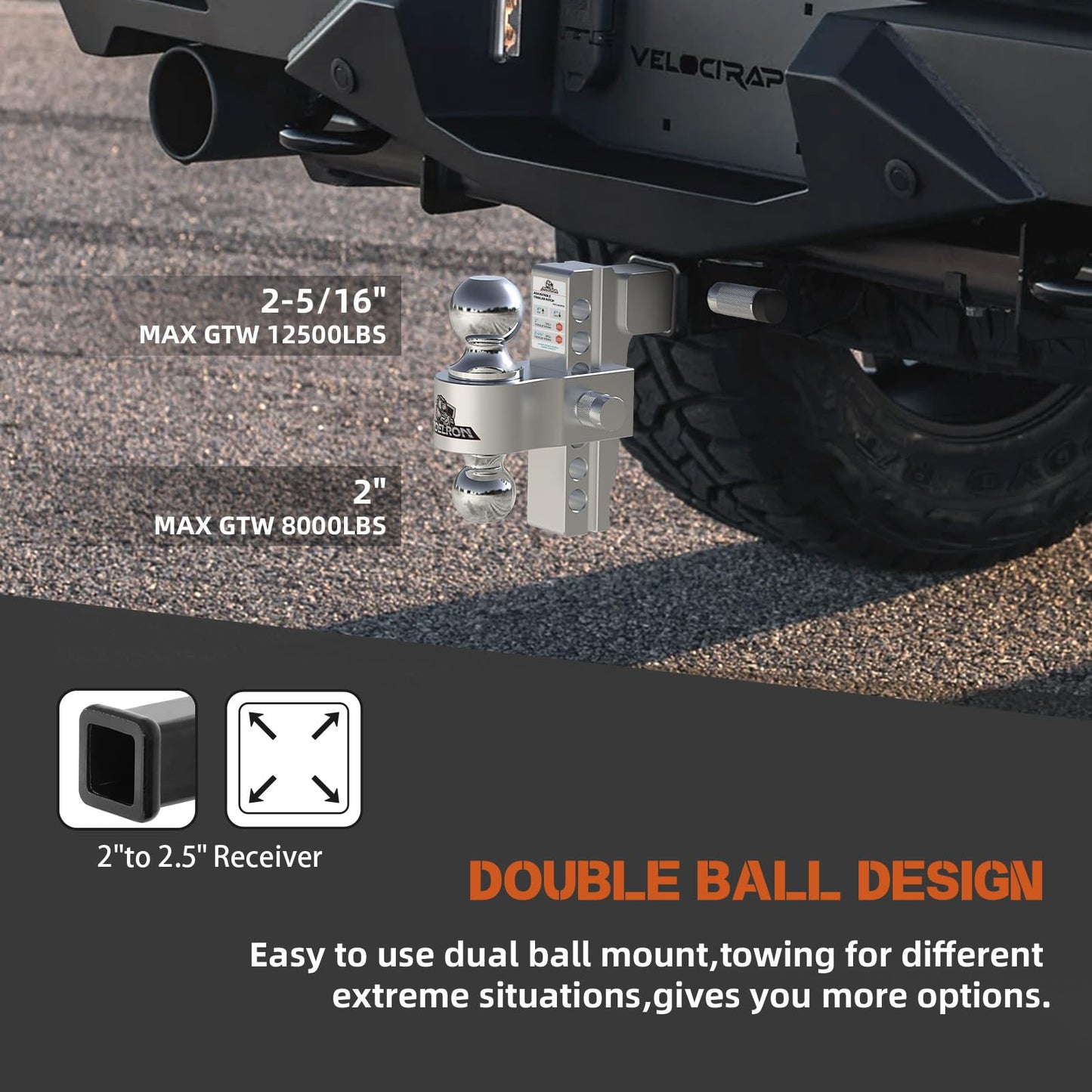 Adjustable Aluminum Trailer Hitch Ball Mount for 2" Receiver, Includes 2.5" Sleeve Adapter, 6" Drop/Rise, Dual Ball 2" & 2-5/16", 12,500 lbs GTW, Hitch Tightener with Locking Pins