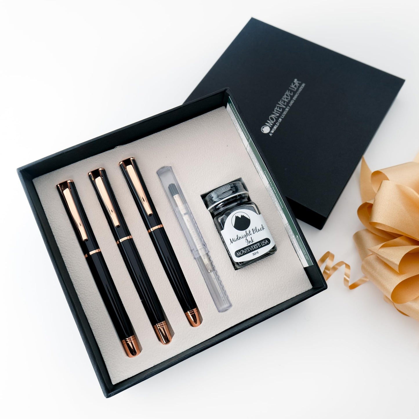 Monteverde USA Impressa 3+2 Piece Set (Fountain, Rollerball, Ball Pen) | Black/Rosegold | Omniflex Nib | Large Luxury Gift Box with Free Ink & Gel Refill