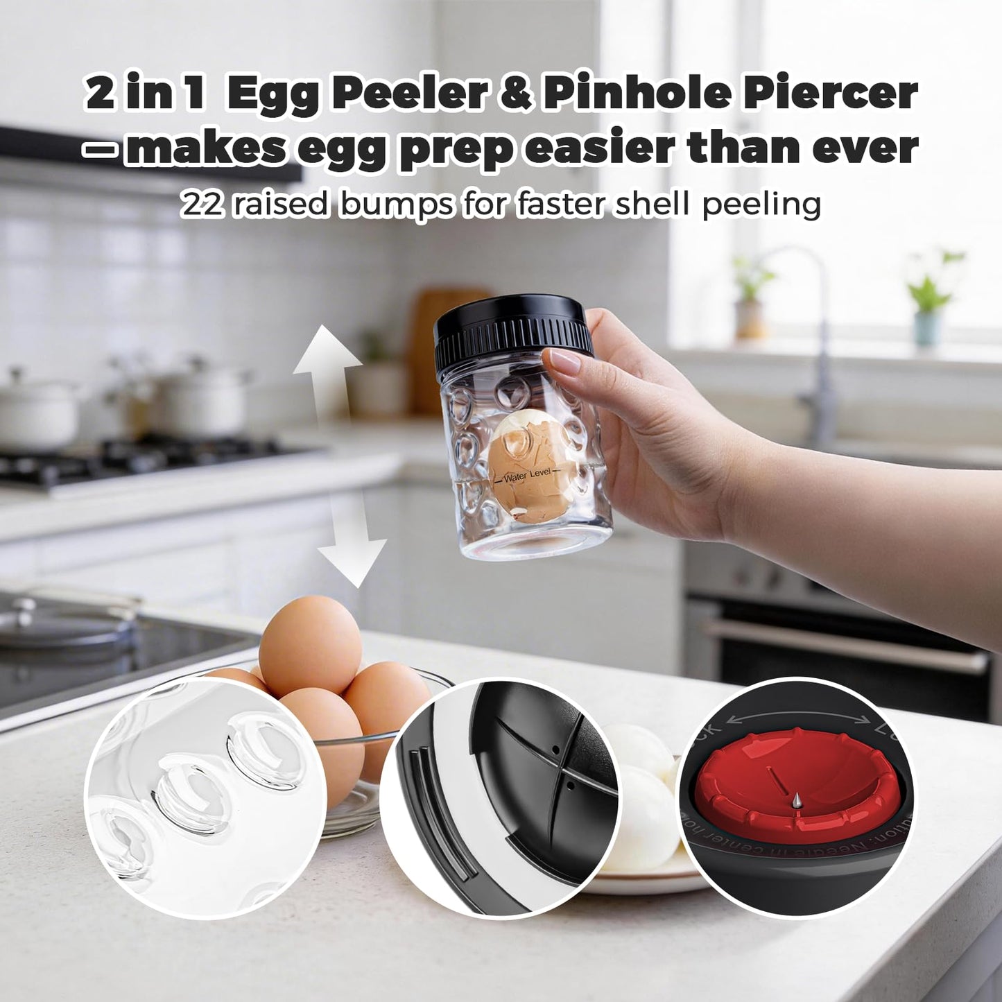 2 in 1 Egg Peeler with Piercer, Hard Boiled Egg Shell Remover Tool with Rotary Lock & Leak-Proof Design, Clear Egg Peeler for Meal Prep, Fitness, Camping & Deviled Eggs, Easy to Use & Clean (Black)