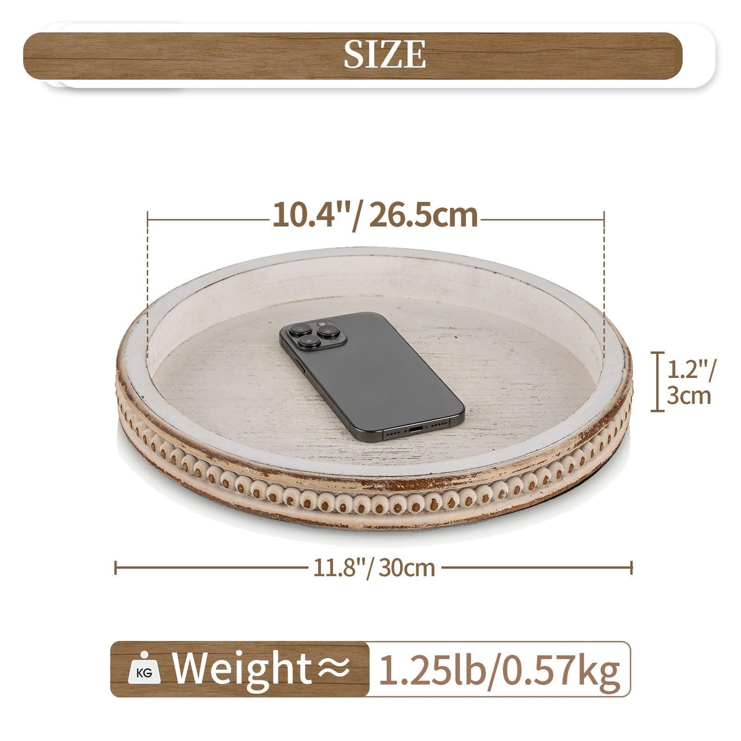Hanobe Round Wooden Decorative Tray: White Washed Bead Tray Decor for Coffee Table Centerpiece Rustic Farmhouse Tray for Kitchen Counter Living Room Decoration