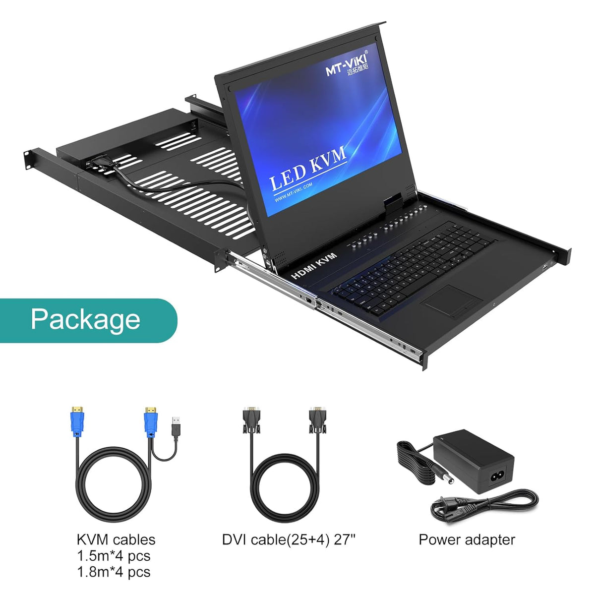 MT-VIKI® Rack Mount KVM HDMI with 17.3'' LCD Monitor, 1080P Support OSD/Hotkey, Included 8 KVM Cables+Keyboard + Touchpad, Fit 1U 19'' Rack