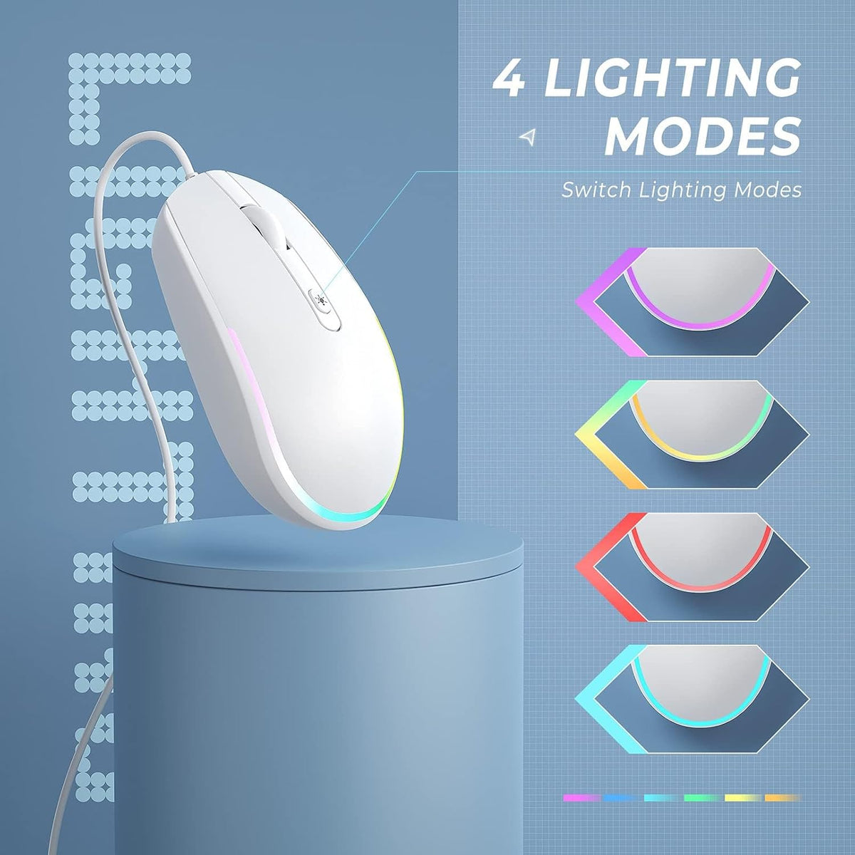 Seenda Wired RGB Backlit Optical LED Mouse - USB Cord for Laptops, Notebooks, Chromebook (White)
