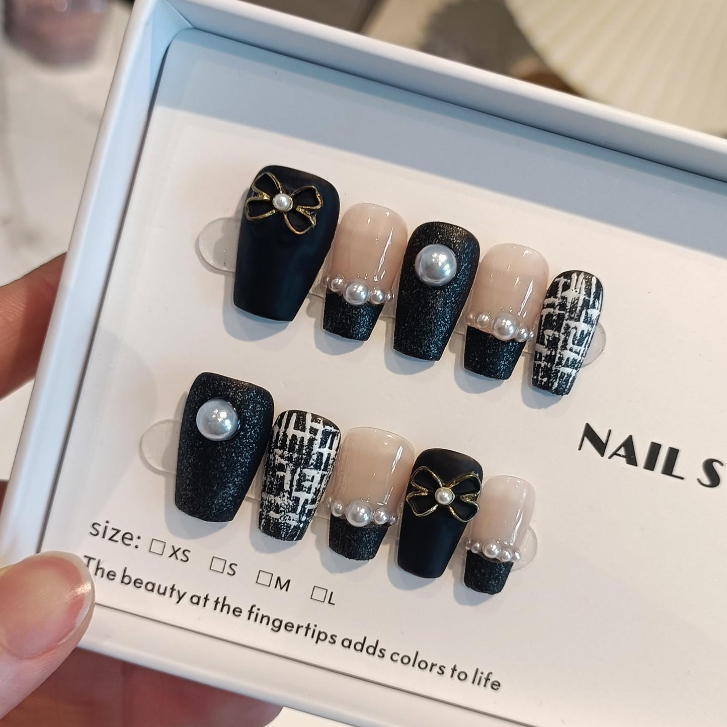 TENPAL Handmade French Tips Press on Nails Medium,Black Gold Pearl & Bow Tweed Coffin Nails,Detachable Luxury Heirloom Elegance Glue on Nails for Fair Skin,Acrylic Wedding Nails for Women(S)