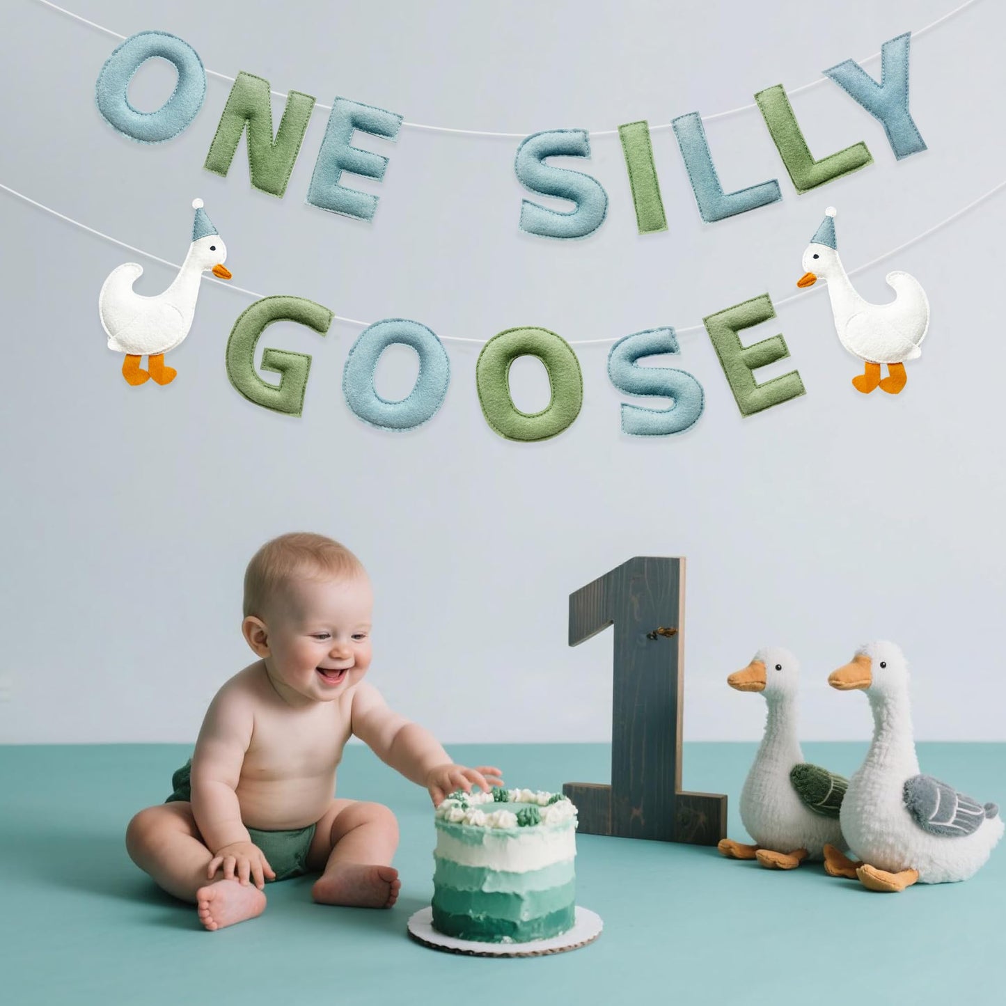 One Silly Goose Birthday Decorations Sage Green Dusty Blue Felt Handmade Pre-Strung 3d Goose 1st Bday Banner for Baby First Birthday Party Decorations Nursery Home Wall Fireplace Decor