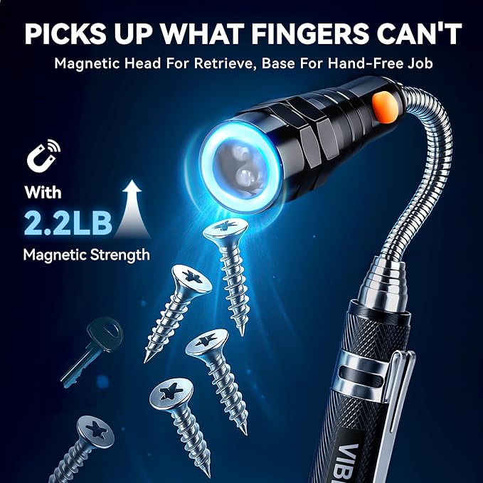 VIBELITE Extendable Magnetic Flashlight with Telescoping Magnet Pickup Tool-Cool Gadget Christmas Gifts Stocking Stuffers for Men, Husband, Dad, Father, Mechanic, Tech, Handyman, Him, Women, Black