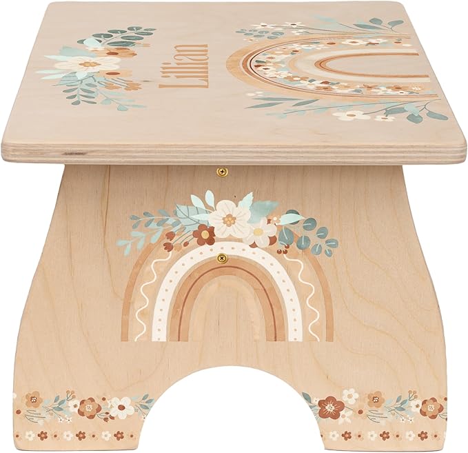 Rainbow Step Stool for Toddlers- Personalized Wood Kids Step Stool with Name for Kitchen Sink, Bathroom, Potty Training, Kitchen Sink- Sturdy and Safe- Made in USA by BloomOwl (Rainbow- Boho Floral)